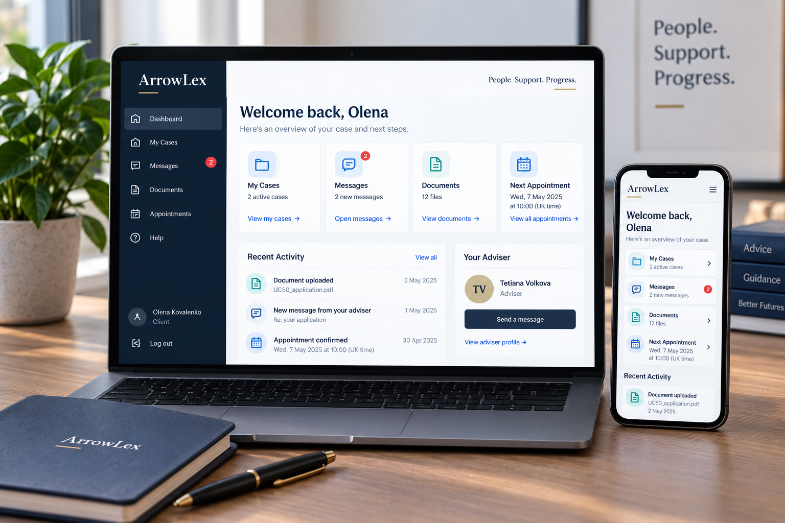 The ArrowLex Client Portal shown on a laptop and a phone